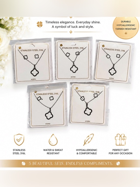 Jewelry - FIVE SETS BEAUTIFUL STAINLESS STEEL CLOVER EARRINGS & NECKLACE SETS